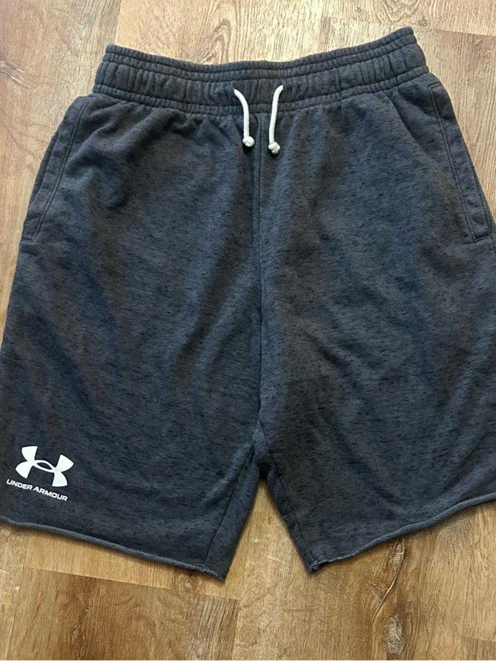 Under Armour Men's Rival Fleece Heather Charcoal Athletic Shorts with White Logo